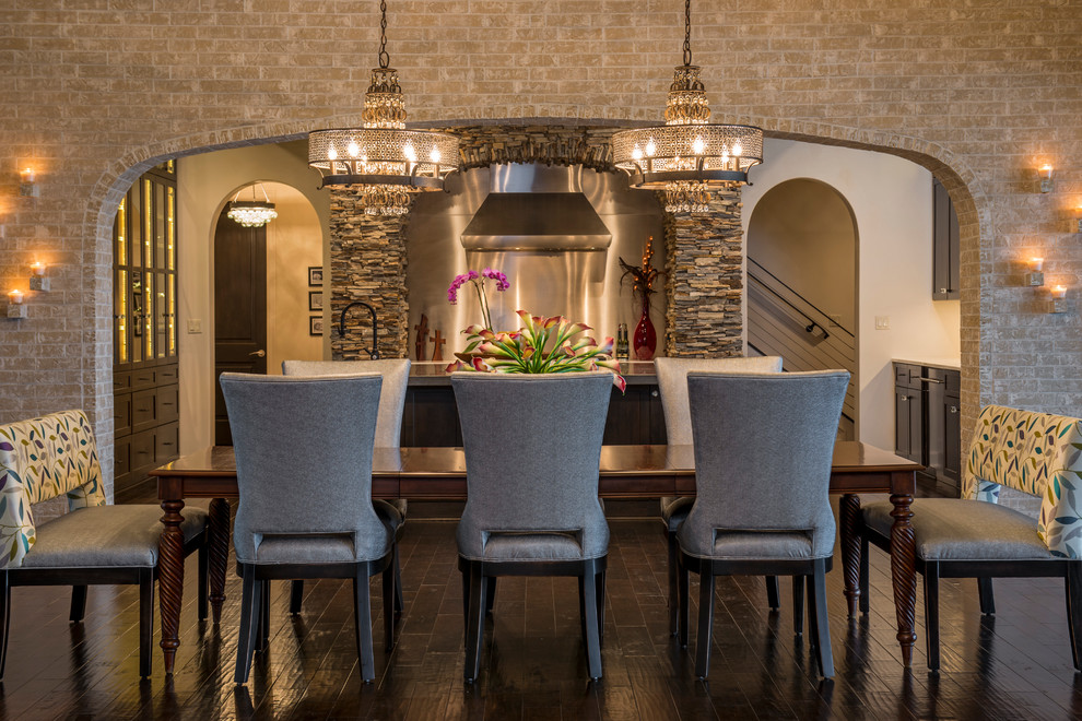 Upholstered Dining Bench Dining Room Mediterranean with Brick Wall Color Dark