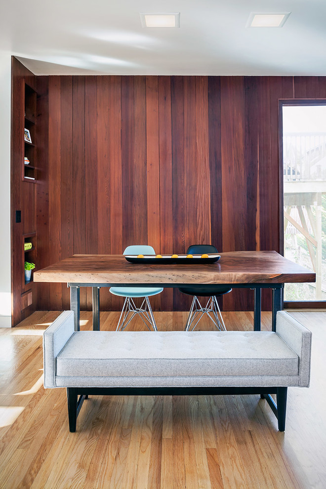Upholstered Dining Bench Dining Room Midcentury with Dark Wood Paneling Eames