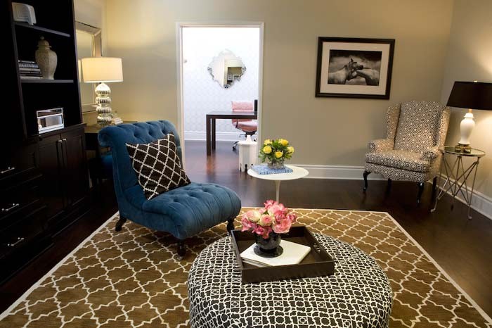 Upholstered Ottoman Coffee Table Living Room with Blue Brown Eclectic Hollywood