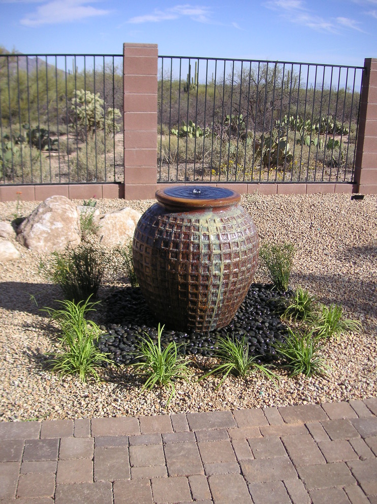 Urn Water Fountain Landscape Mediterranean with Brick Pathway Brick Walkway