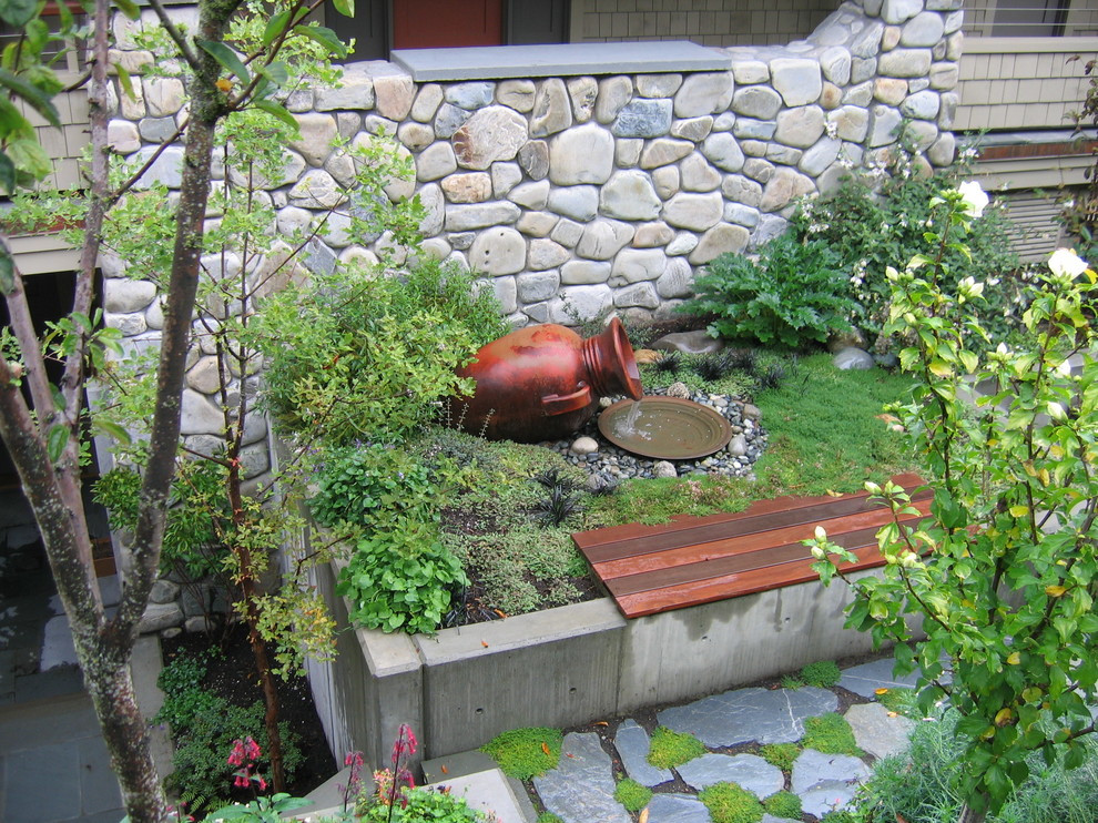Urn Water Fountain Landscape Mediterranean with Bushes Concrete Partition Concrete