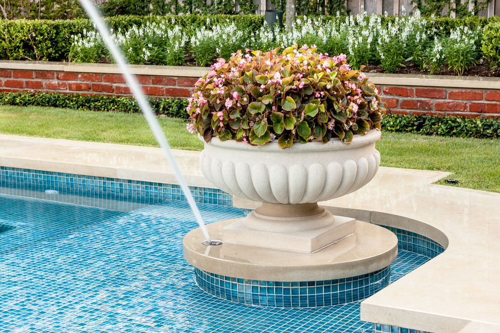 Urn Water Fountain Landscape Traditional with Begonias Blue Tile Brick