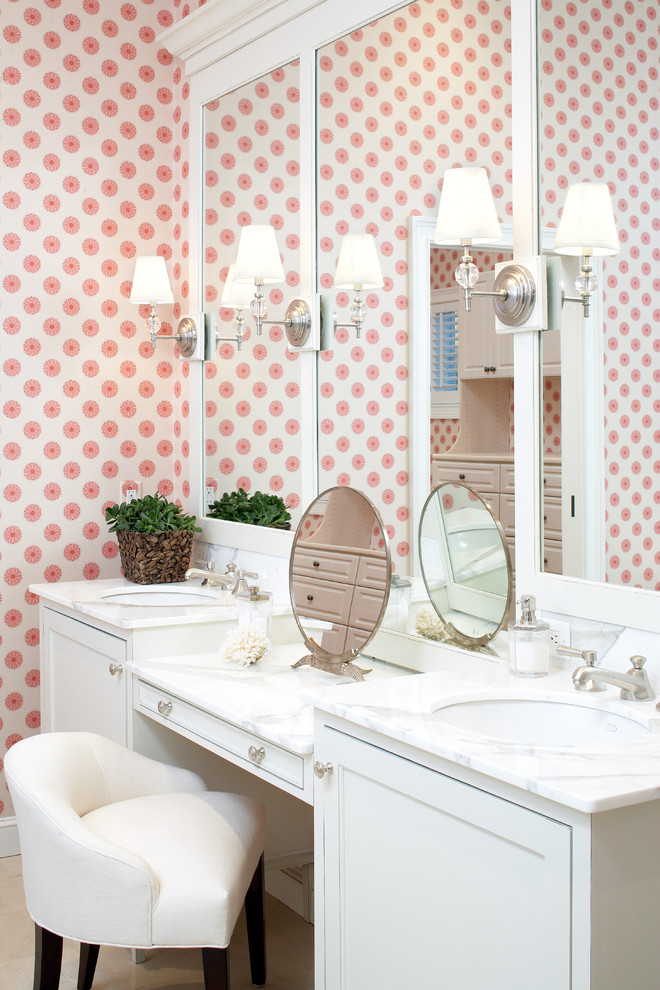 Vanity Mirror Ideas Bathroom Beach with Circular Wallpaper Double Sinks