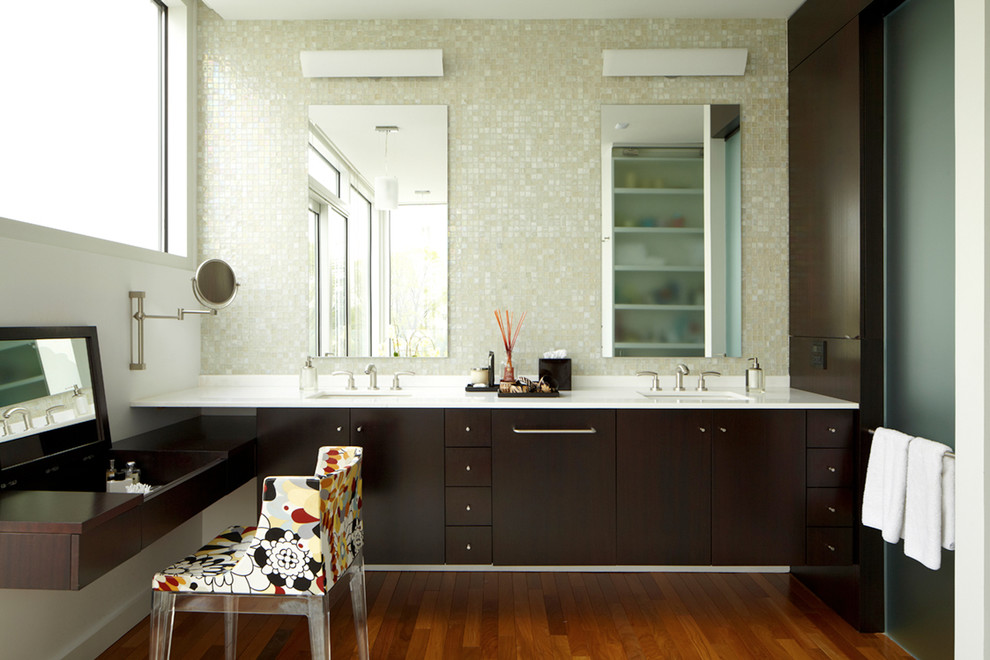 Vanity with Makeup Area Bathroom Modern with Bathroom Mirror Bathroom Tile