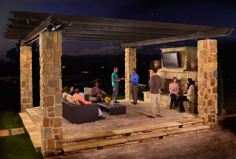 Vertical Wood Siding Exterior Contemporary with Natural Stone Outdoor Fireplace