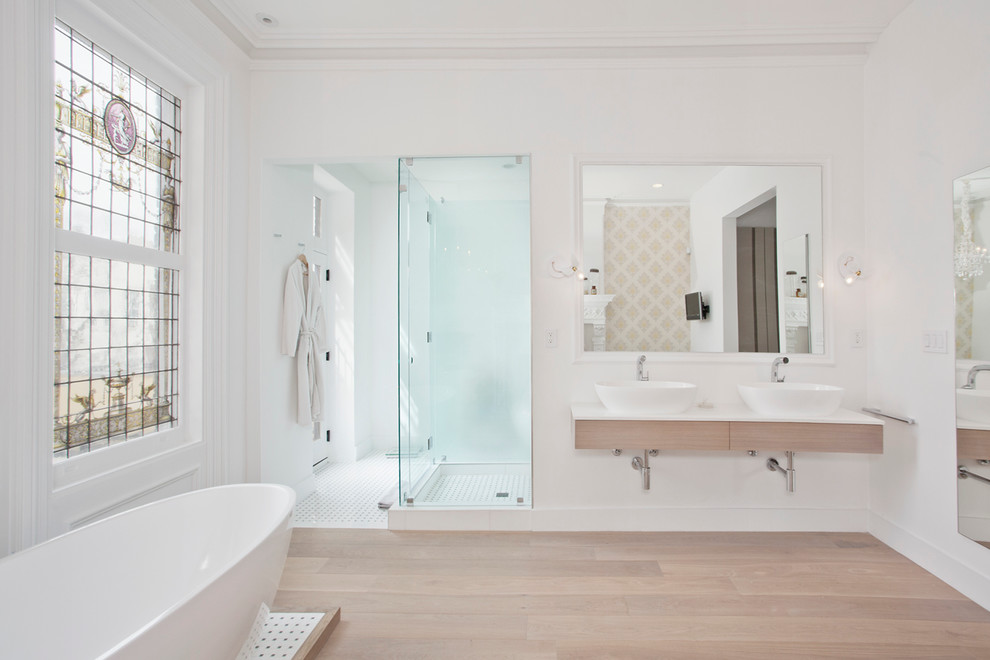 Victoria and Albert Tubs Bathroom Transitional with Baroque Minimalism Double Vanity