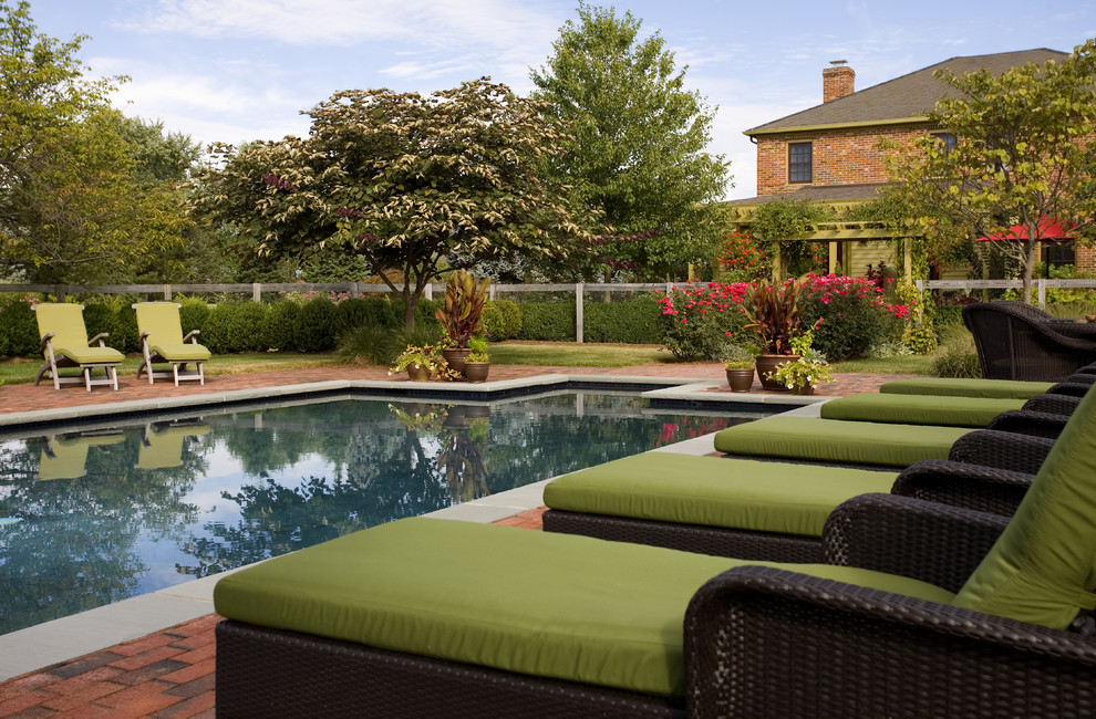 Vinyl Fence Styles Spaces with Brick Pool Deck Chimney