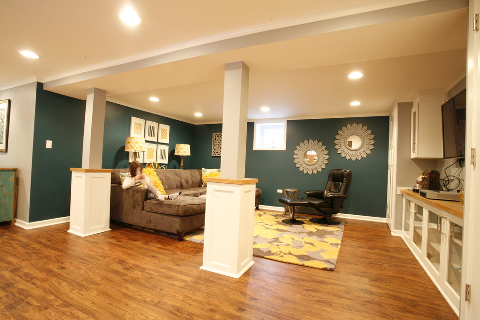 Vinyl Wood Plank Flooring Basement Transitional with Basement Built in Desks