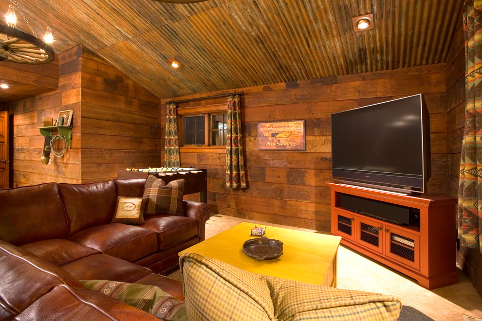 Wagon Wheel Chandelier Family Room Rustic with Alder Bend Built Ins