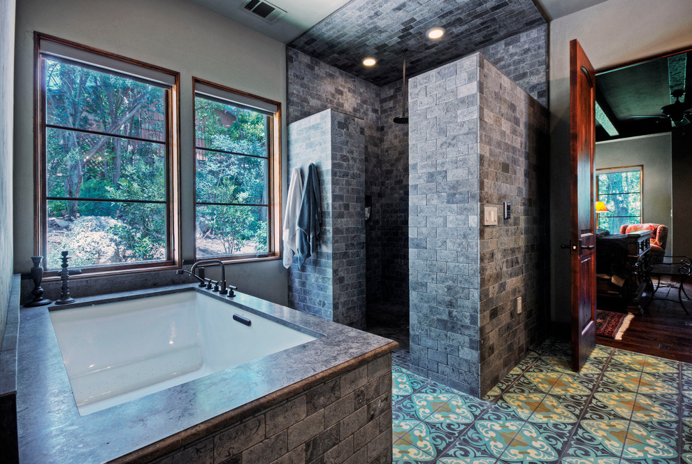 Walk in Shower Dimensions Bathroom Mediterranean with Brick Dark Stained Wood