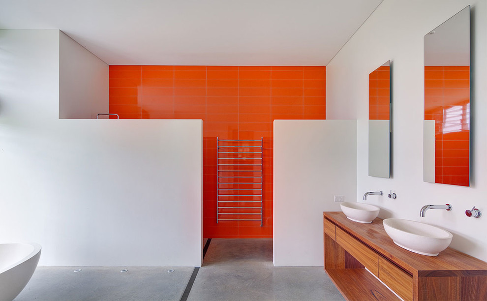 Walk in Showers Designs Bathroom Contemporary with Bright Orange Tiled Accent