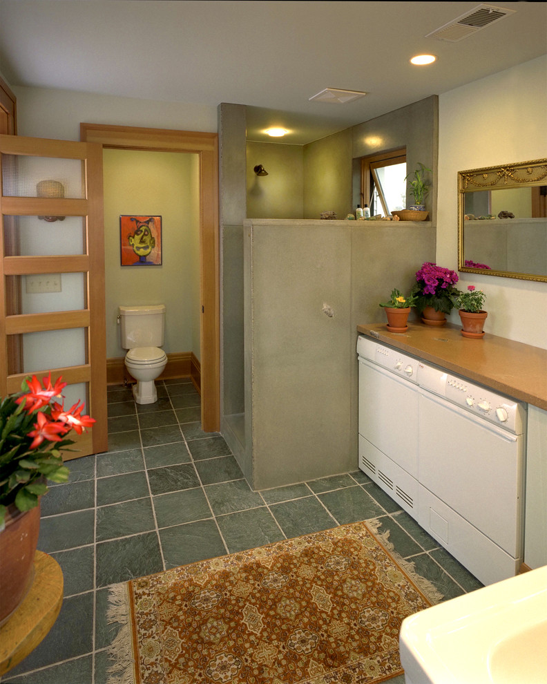Walk in Showers No Doors Bathroom Eclectic with Area Rug Brown Counters