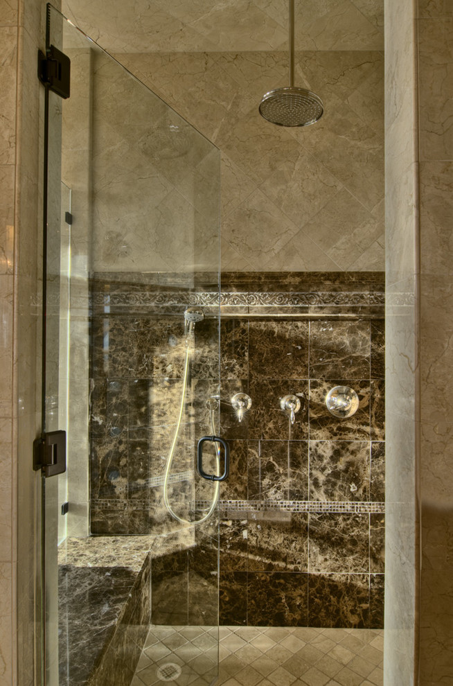Walk in Showers with Seats Bathroom Traditional with Dark Emperador Decorative Tile