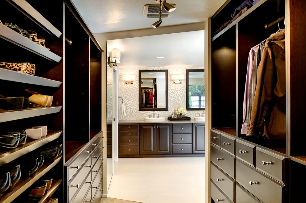 Walk Through Closet Closet Contemporary with Built in Storage Chrome