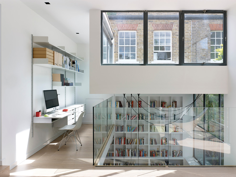 Wall Mount Desk Home Office Contemporary with Black Framed Windows Books