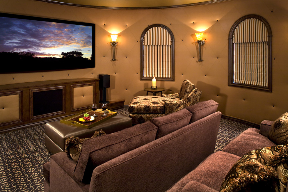 Wall Mount Media Cabinet Home Theater Mediterranean with Acoustical Treatment Carpet Pattern