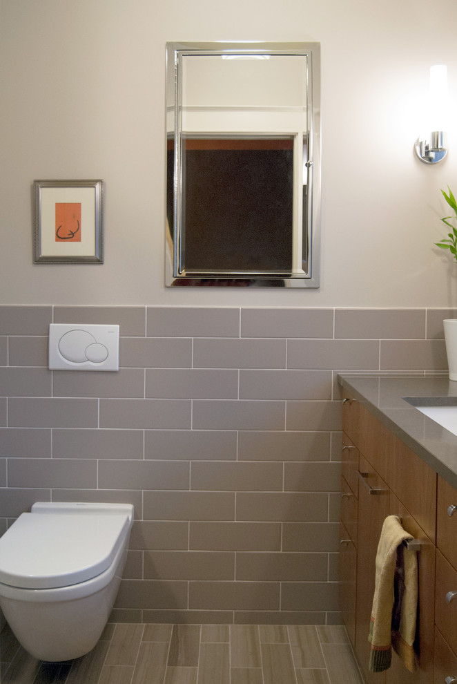 Wall Mount Toilet Bathroom Contemporary with Grey Tile Master Bath