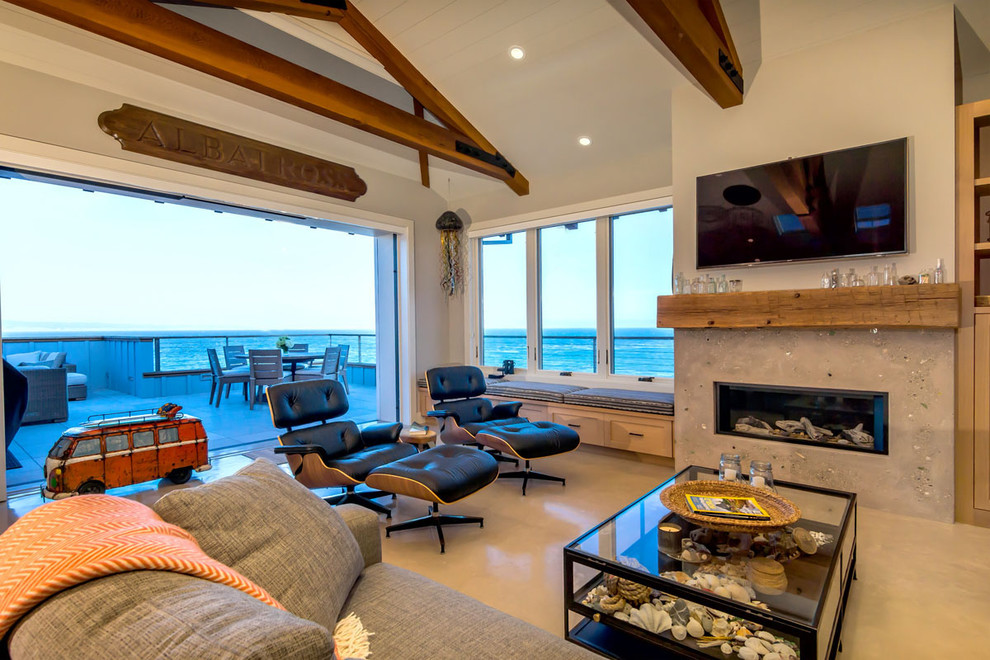 Wall Mounted Media Console Family Room Contemporary with Built in Rift Cut