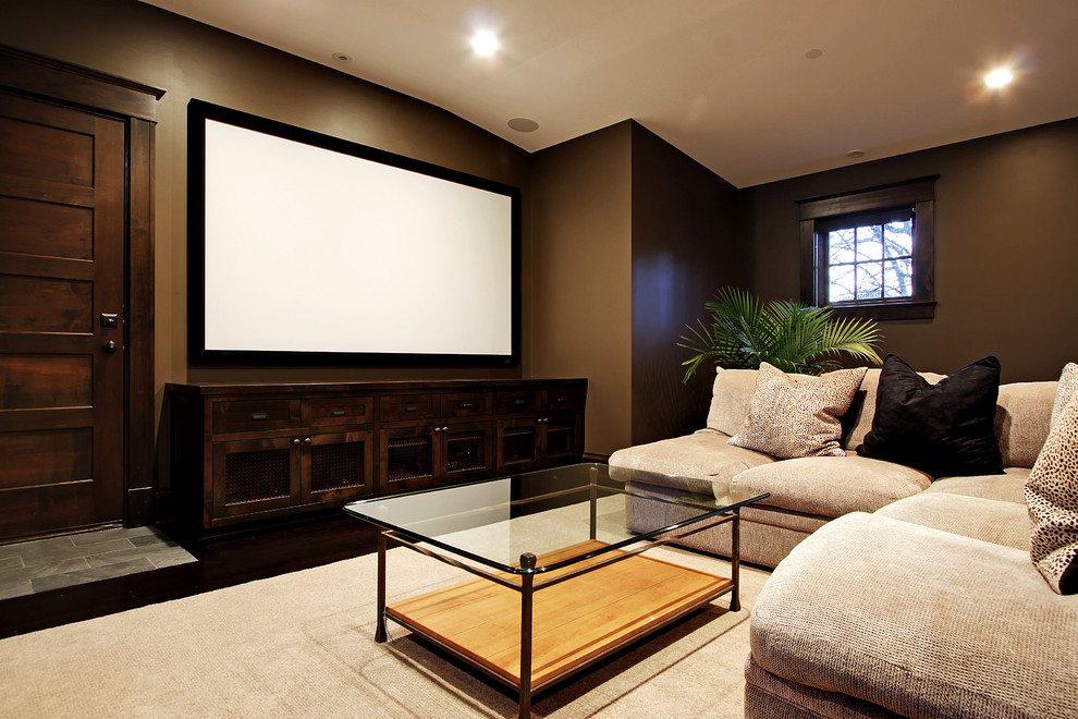 Wall Mounted Media Console Home Theater Contemporary with Area Rug Brown Dark