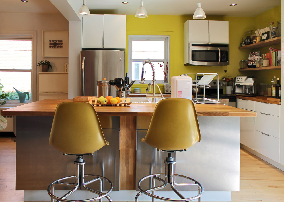 Wall Mounted Microwave Kitchen Eclectic with Bold Butcher Block Colorful