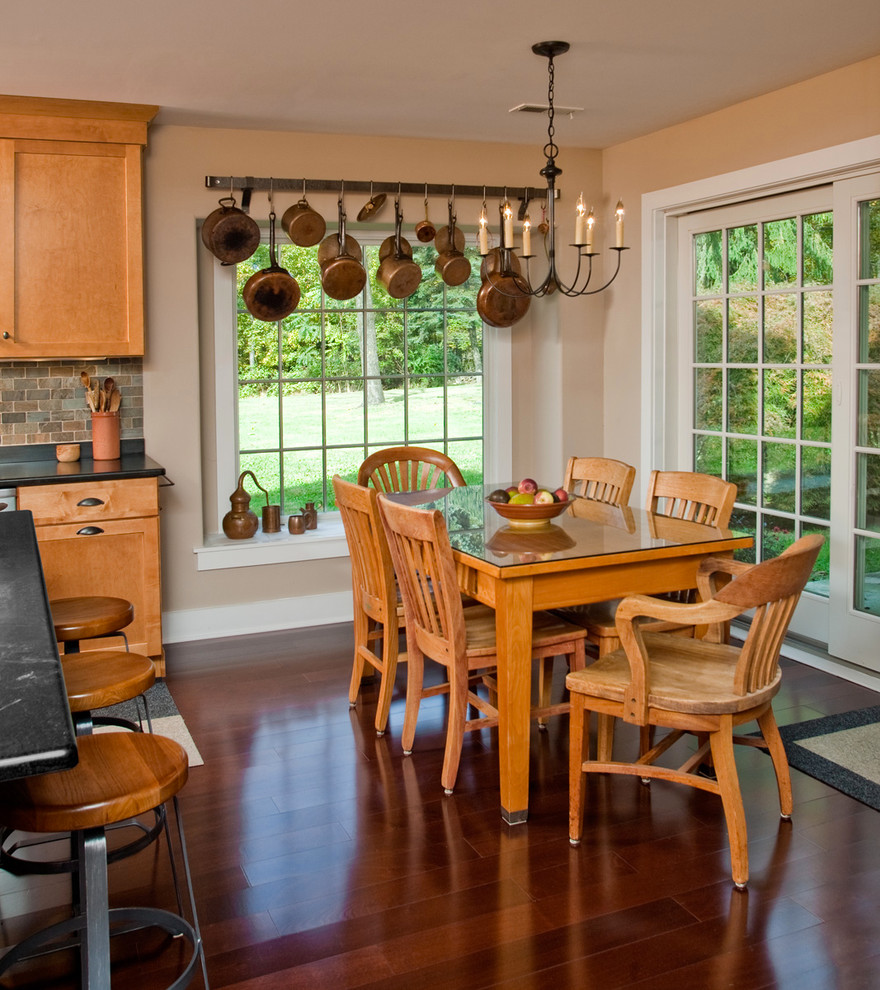 Wall Mounted Pot Rack Dining Room Traditional with Beige Wall Black Countertop