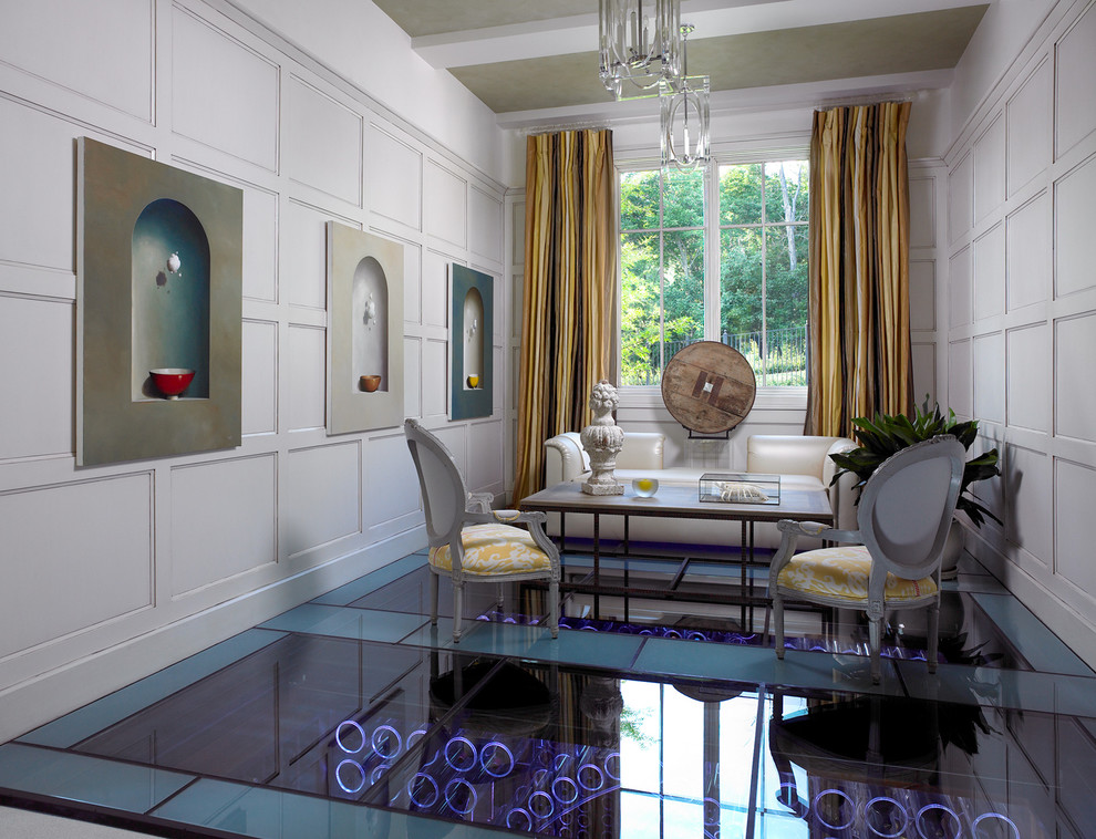 Wall Paneling Ideas Living Room Contemporary with Artwork Blue Chair Chandelier