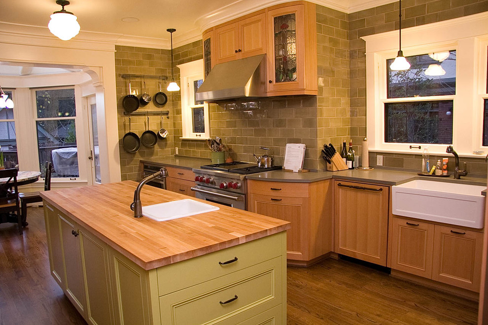 Wall Pot Rack Kitchen Contemporary with Apron Sink Butcher Block