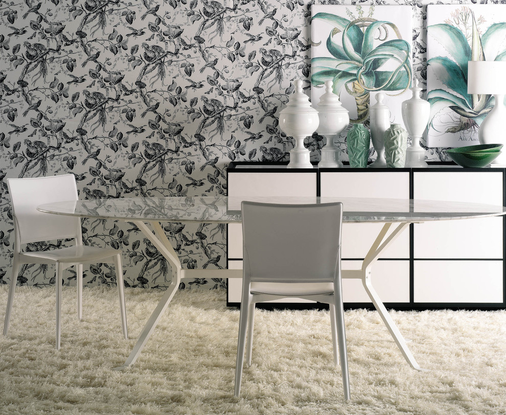Wall to Wall Carpeting Dining Room Contemporary with Black and White Botanical