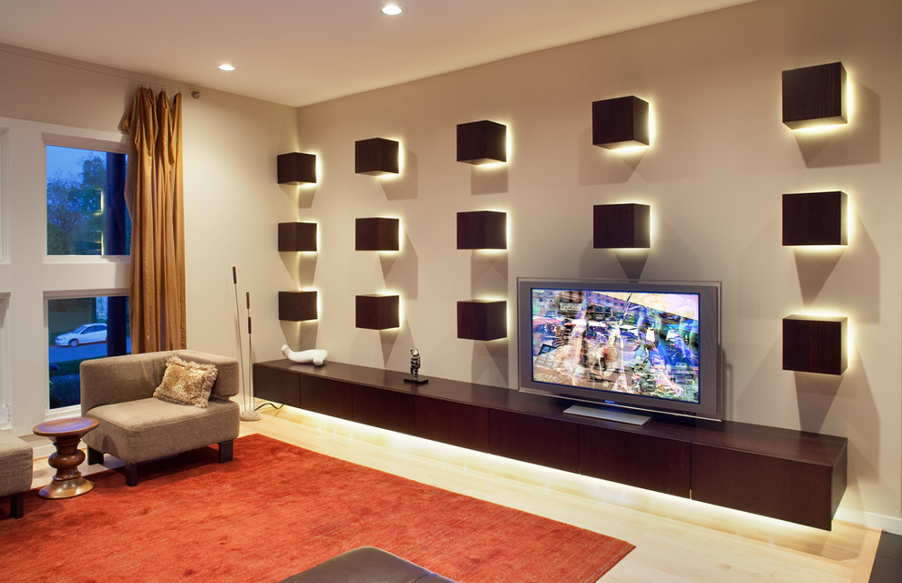 Wall Unit Designs Family Room Contemporary with Area Rug Backlighting Cabinets