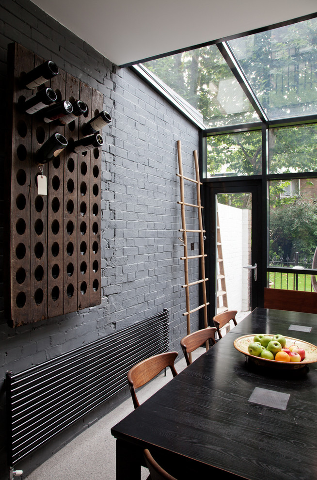 Wall Wine Rack Dining Room Contemporary with Exposed Brick Glass Extension
