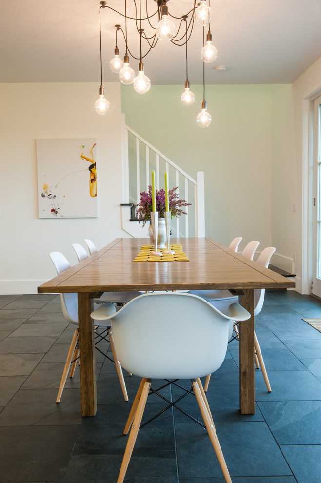 Walnut Dining Table Dining Room Contemporary with Edison Chandelier Eiffel Chairs