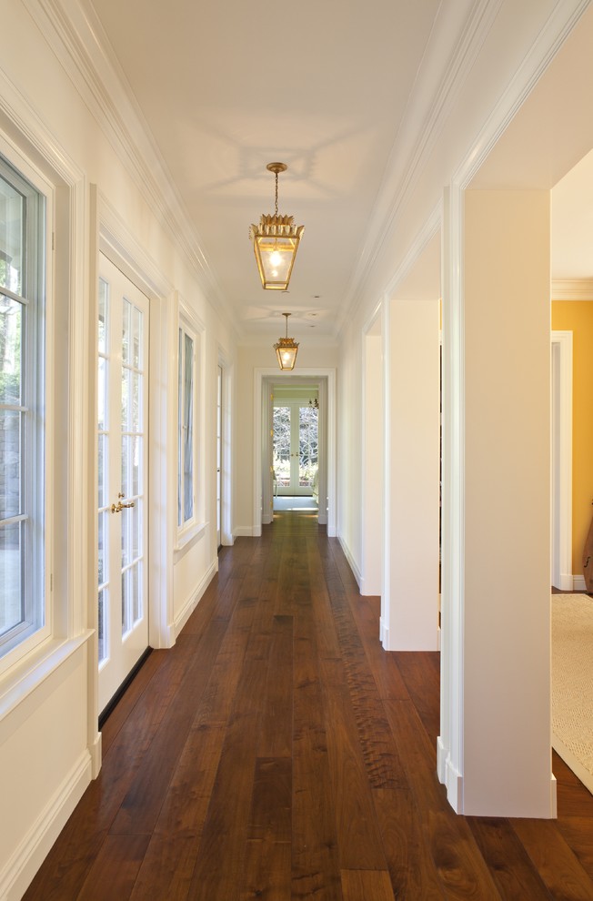 Walnut Hardwood Flooring Hall Traditional with Baseboards Columns Crown Molding