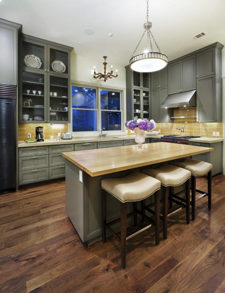 Walnut Hardwood Flooring Kitchen Traditional with Bowl Chandelier Breakfast Bar