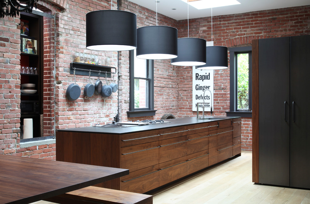 Walnut Kitchen Cabinets Kitchen Contemporary with Bar Pulls Black Countertop1