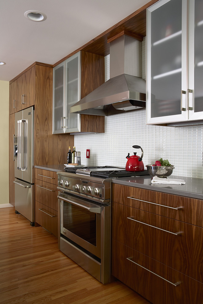 Walnut Kitchen Cabinets Kitchen Contemporary with Chrome Drawers Glass Tile1