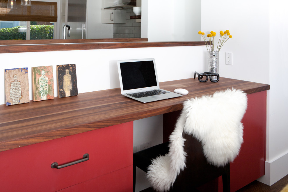 Walnut Writing Desk Home Office Midcentury with Floral Arrangement Minimal Red