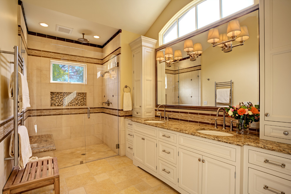 Water Fountains Indoor Bathroom Transitional with Cream Cabinets Curbless Shower