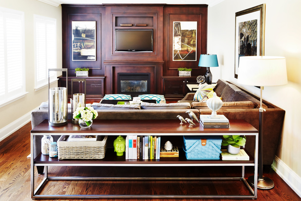 Waterfall Console Table Family Room Contemporary with Brown Couch Built in Storage