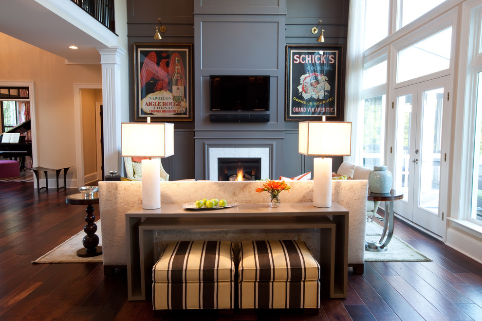 Waterfall Console Table Family Room Traditional with Area Rug Brass Lamps
