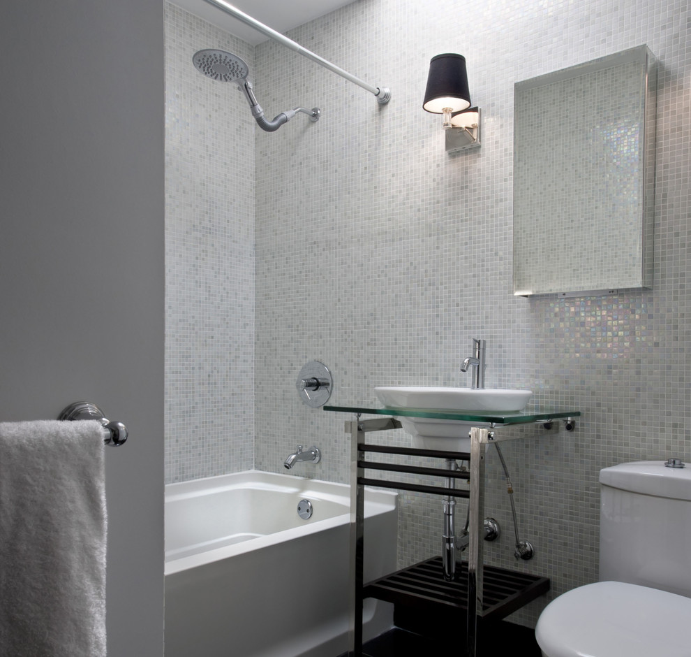 What is Mosaic Tile Bathroom Contemporary with Console Sink Glass Tile