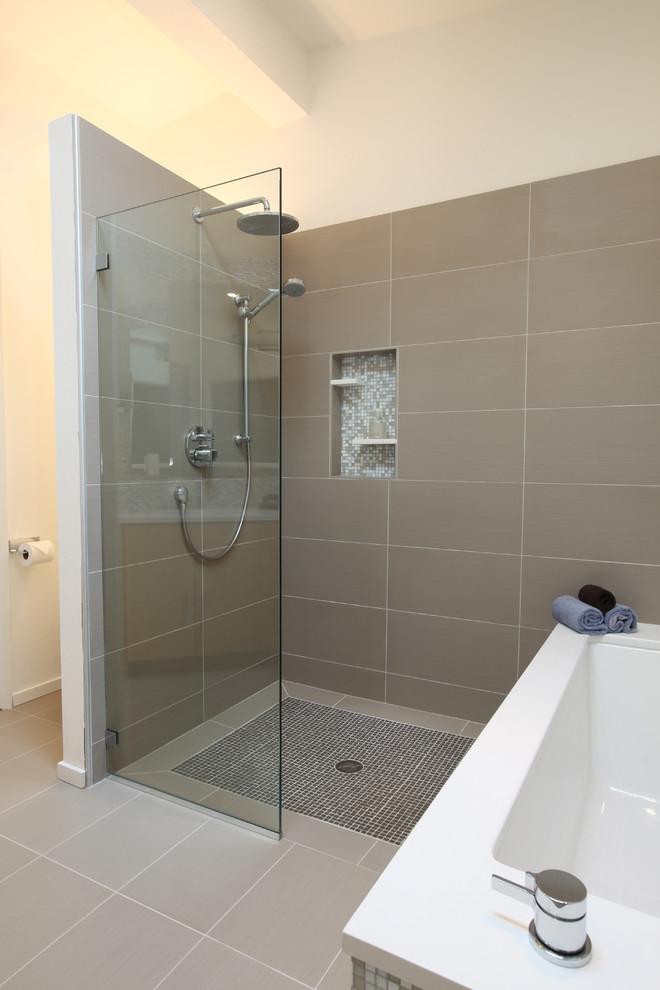 What is Mosaic Tile Bathroom Midcentury with Bamboo Cabinet Bathroom Tile