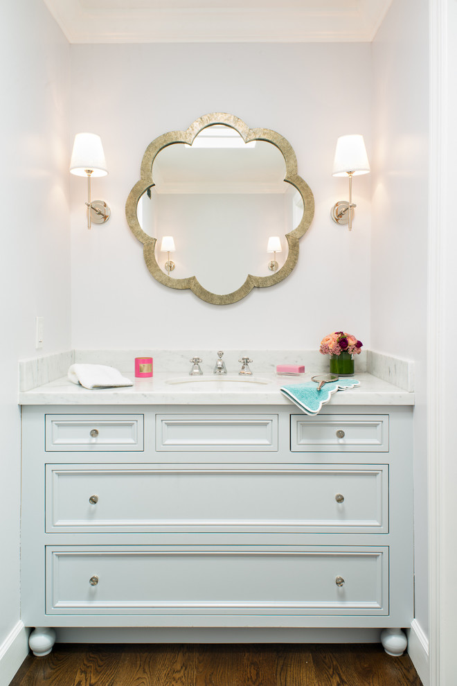 White Bathroom Vanity Bathroom Transitional with Curved Bathroom Mirror Gold