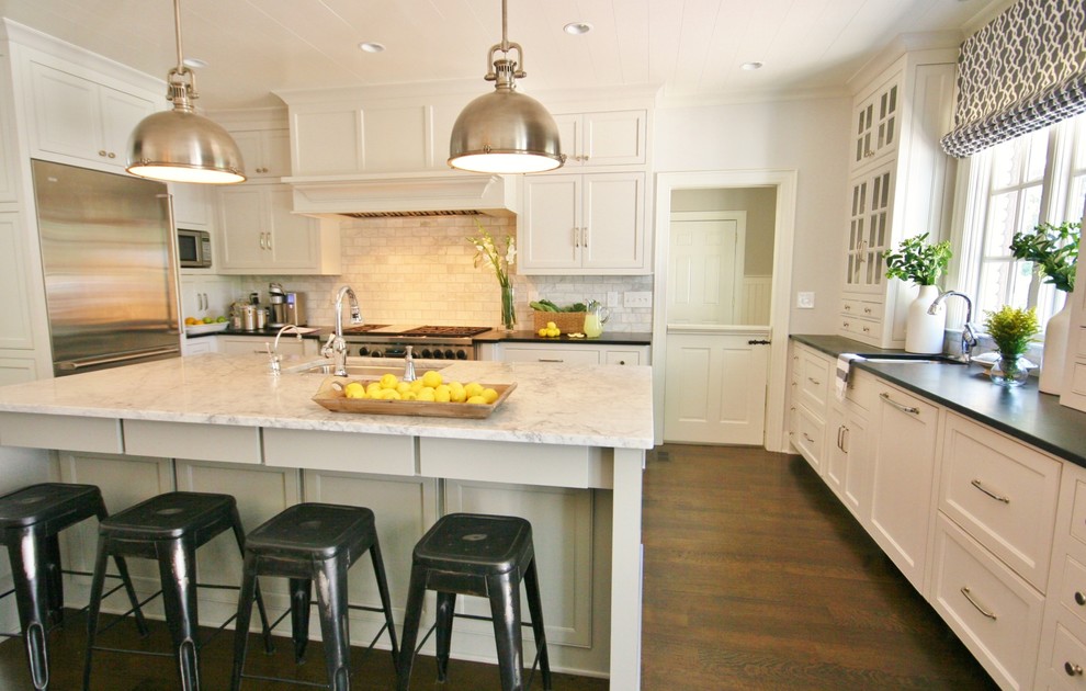 White Carrara Granite Kitchen Traditional with Barstool Beige Tile Backsplash