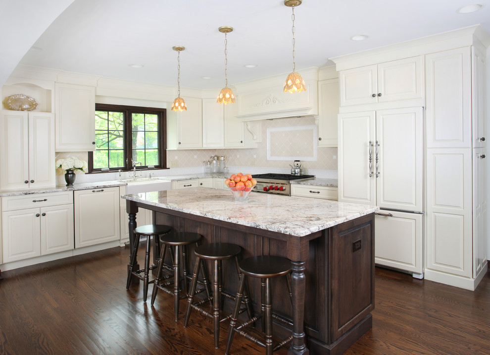 White Carrara Granite Kitchen Tropical with Contrast Dark Stained Cabinets