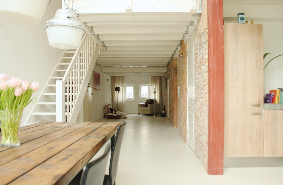 White Concrete Floors Living Room Industrial with Exposed Brick Flat Panel