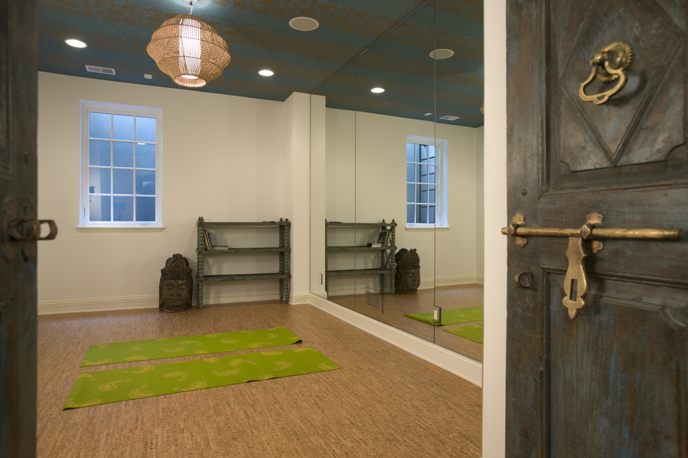White Cork Flooring Home Gym Mediterranean with Brass Carved Doors Exercise