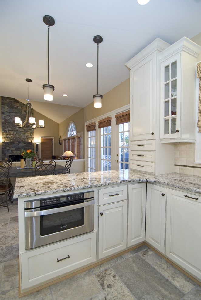 White Diamond Granite Kitchen Traditional with Ceiling Lighting Glass Front