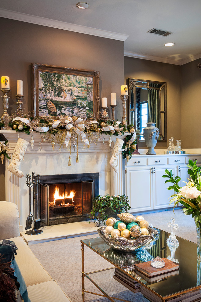 White Fireplace Mantels Living Room Traditional with Brown Walls Built in Cabinets