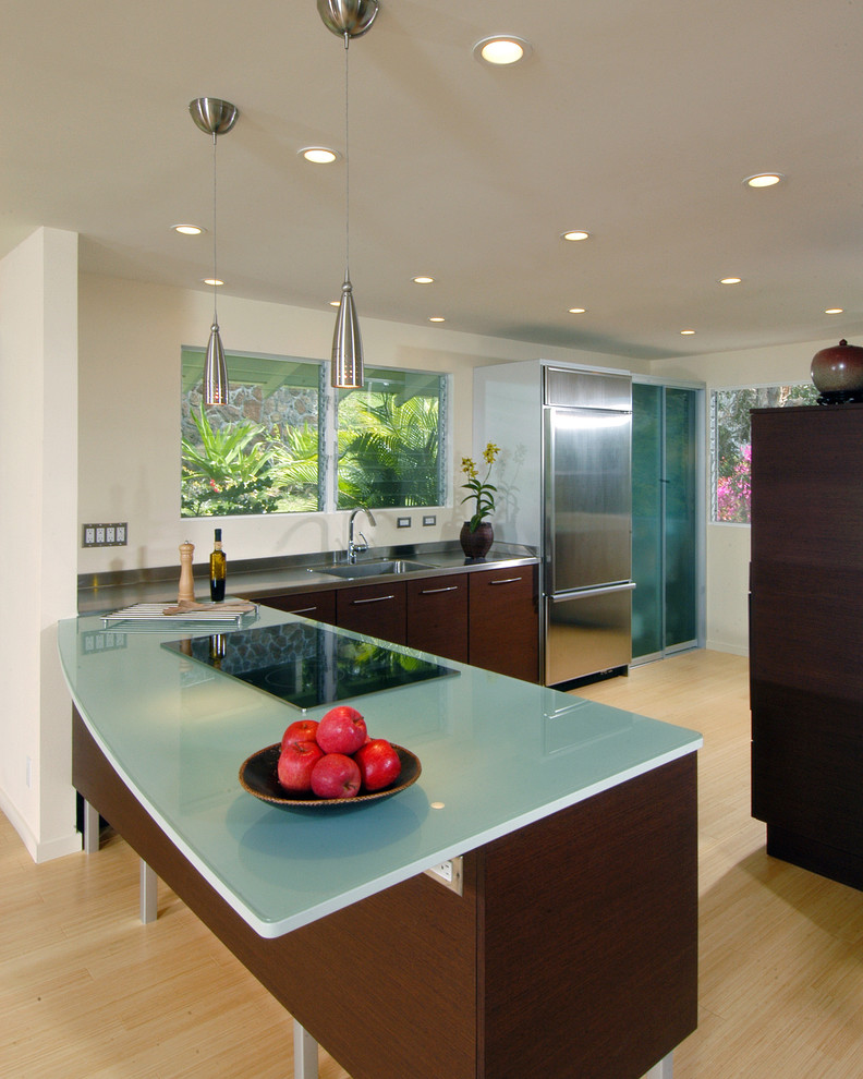 White Glass Countertops Kitchen Contemporary with Ceiling Lighting Dark Wood