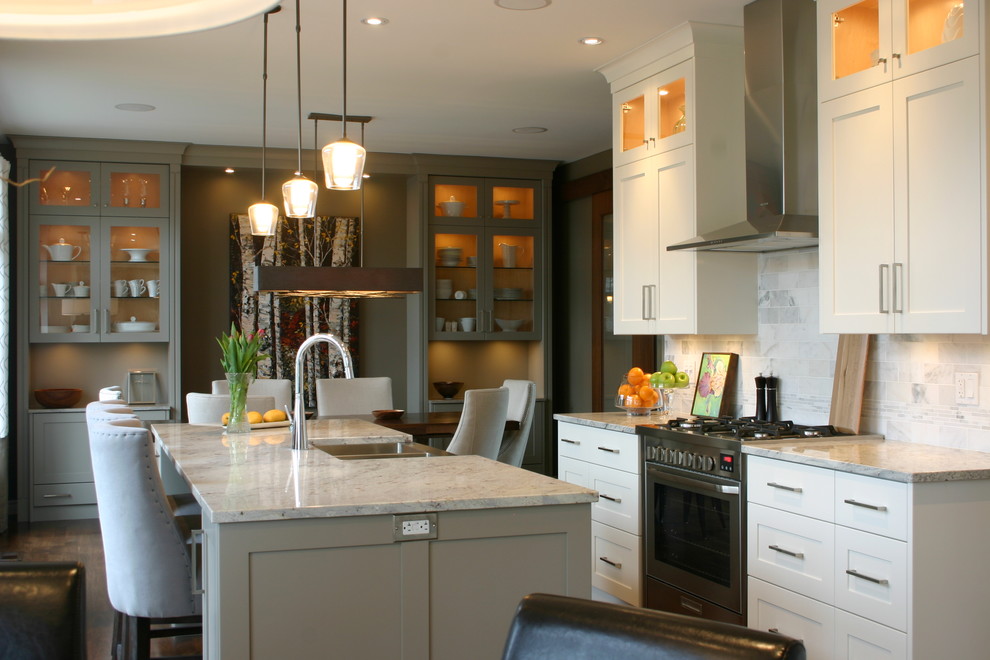 White Granite Countertops Kitchen Contemporary with Accent Apron Area Art